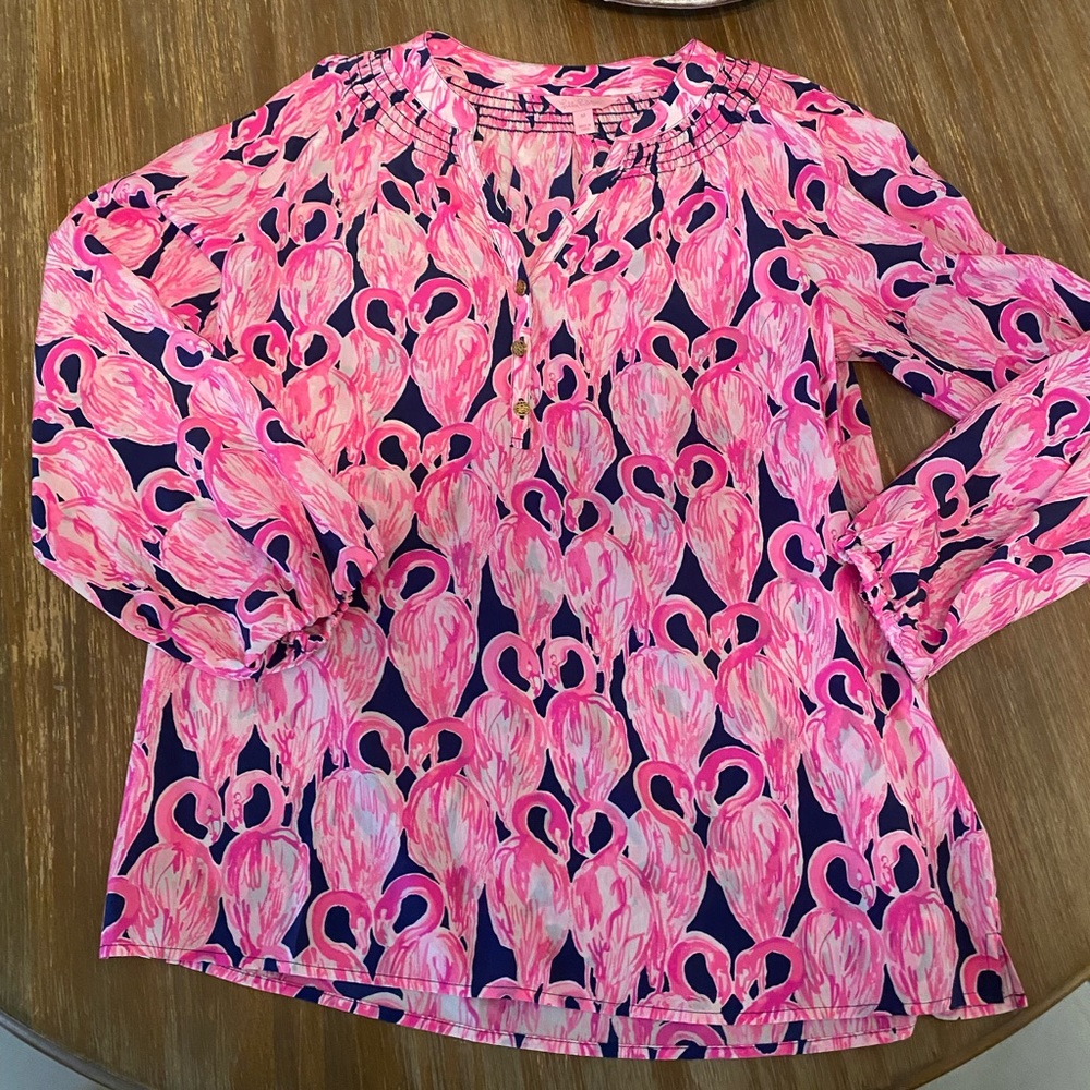 Lilly Pulitzer Multi Tile Wave Elsa Blouse 100% Silk Flamingo Print Size M